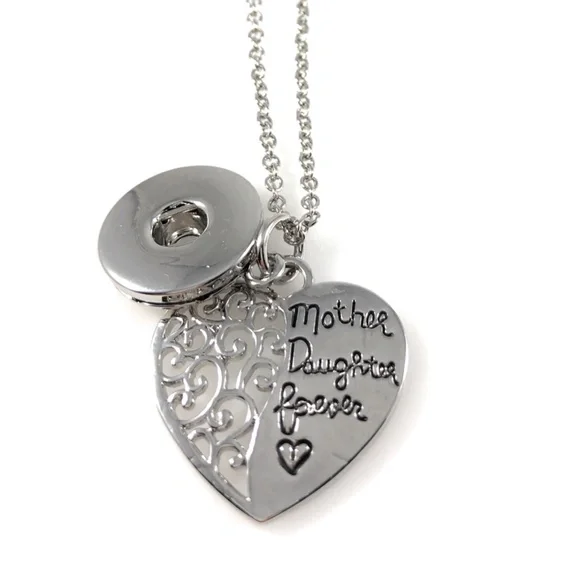 Snap Charm Pendant Necklace Mother Daughter Forever Filigree Heart 18" Chain - Picture 2 of 3